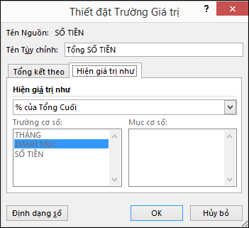 Hộp thoại Thiết đặt Trường Giá trị PivotTable > Hiển thị Giá trị Dưới dạng